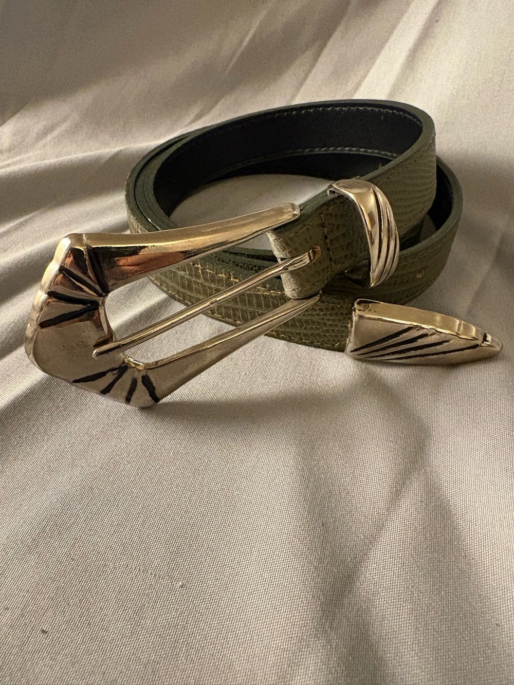 Vintage Leather Shop Green Genuine Leather Belt Statement Buckle USA